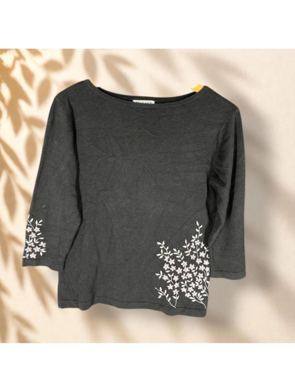 Primary Colors Sweater Pullover Women M Medium Black Floral 3/4 Sleeve Knit Soft